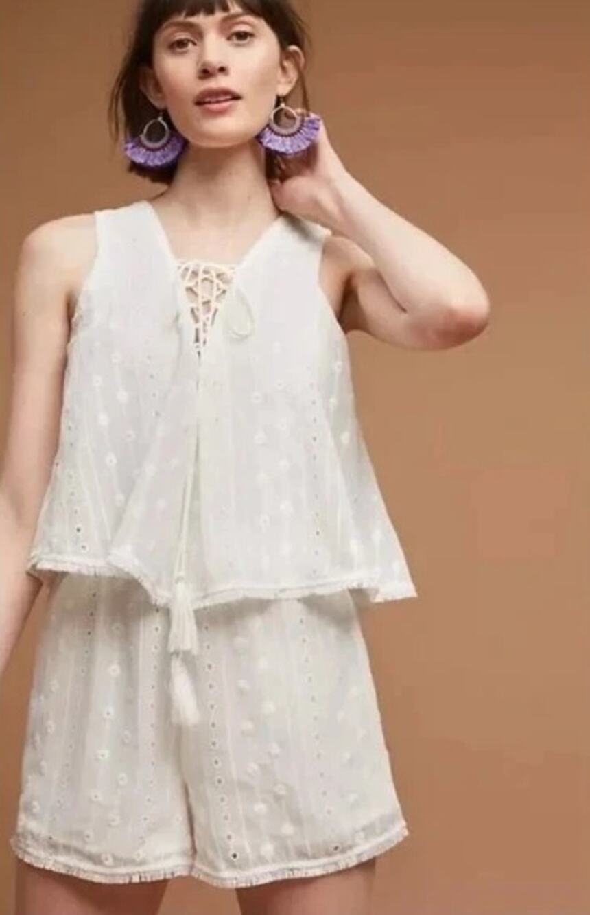 Anthropologie Moon River Ivory Eyelet Embroidered Trim Sleeveless Romper Size XS